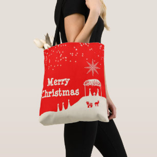 Red White Merry Christmas Nativity Scene Tote Bag