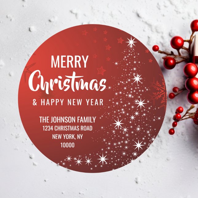 RED White MERRY CHRISTMAS Tree Return Address Classic Round Sticker (RED White MERRY CHRISTMAS Tree Return Address Classic Round Sticker)