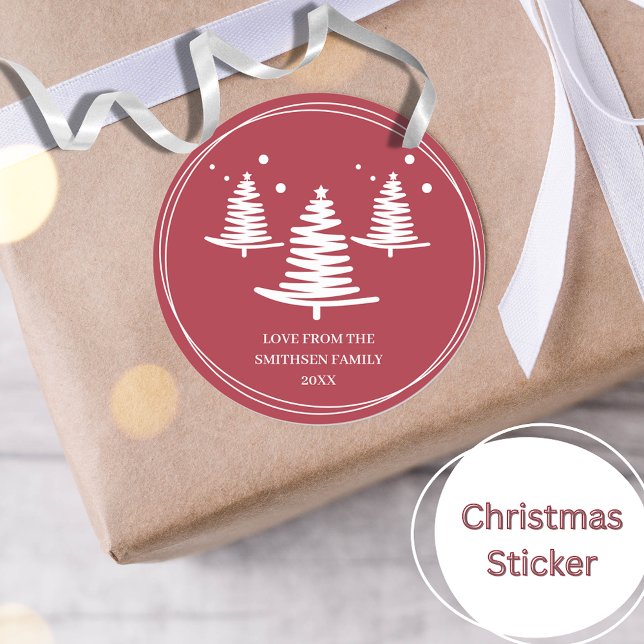 Red White Minimalist Christmas Trees Classic Round Sticker (Creator Uploaded)