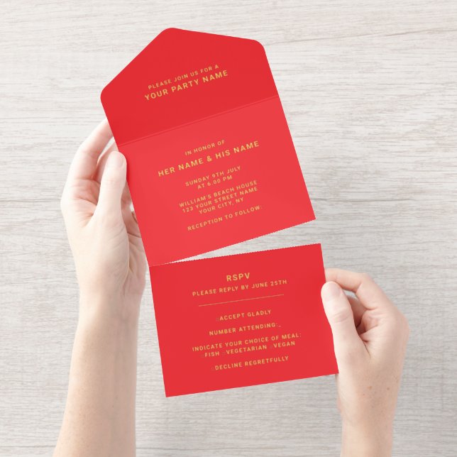 Red White | Minimalist Modern Elegant Foil All In One Invitation (Tearaway)