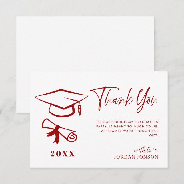 Red White Minimalist Modern Graduation Thank You Card (Front/Back)