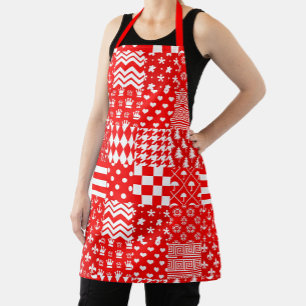 Red White Mixed Patterns Patchwork Design Apron