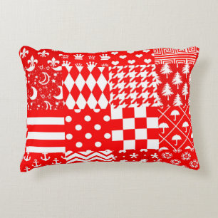 Red White Mixed Patterns Patchwork Design Decorative Cushion