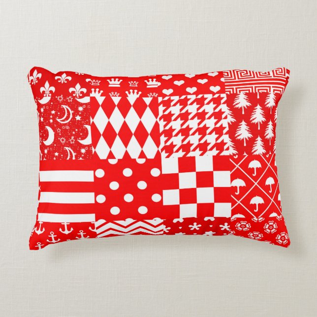 Red White Mixed Patterns Patchwork Design  Decorative Cushion (Front)