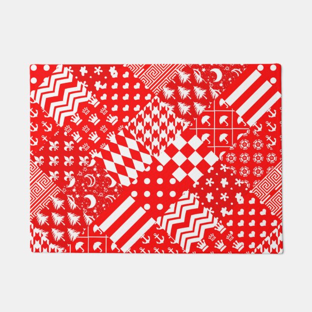 Red White Mixed Patterns Patchwork Design  Doormat (Front)