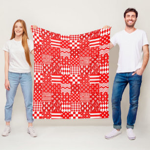 Red White Mixed Patterns Patchwork Design  Fleece Blanket