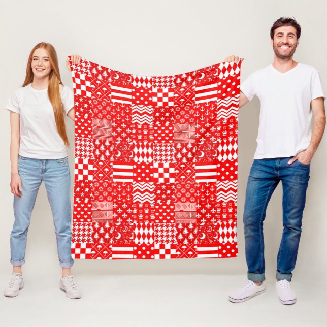 Red White Mixed Patterns Patchwork Design  Fleece Blanket (Creator Uploaded)