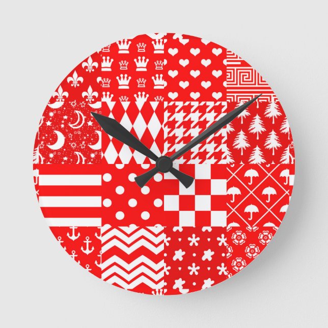 Red White Mixed Patterns Patchwork Design  Round Clock (Front)