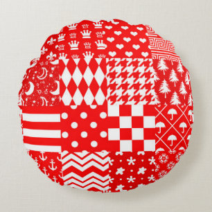 Red White Mixed Patterns Patchwork Design Round Cushion