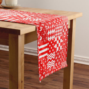 Red White Mixed Patterns Patchwork Design Short Table Runner
