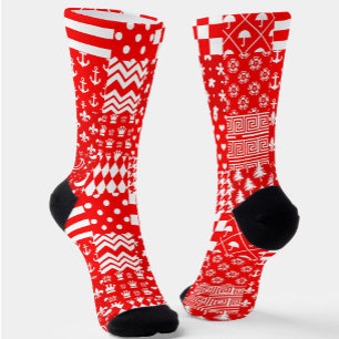 Red White Mixed Patterns Patchwork Design Socks