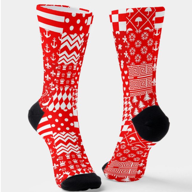 Red White Mixed Patterns Patchwork Design  Socks (Creator Uploaded)