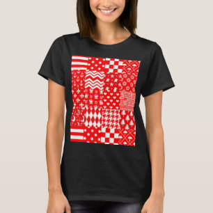 Red White Mixed Patterns Patchwork Design T-Shirt