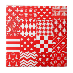 Red White Mixed Patterns Patchwork Design Tile