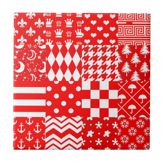 Red White Mixed Patterns Patchwork Design  Tile (Front)