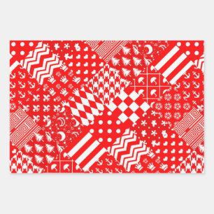 Red White Mixed Patterns Patchwork Design  Wrapping Paper Sheet