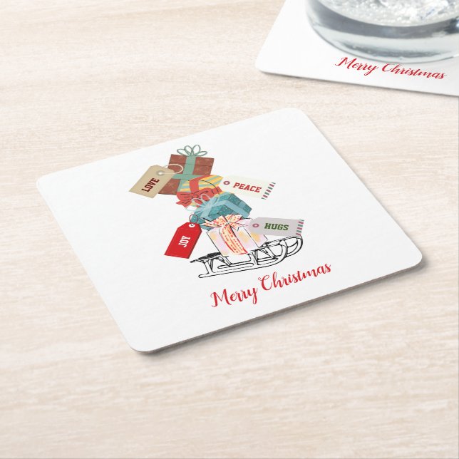 Red White Modern Elegant Family Merry Christmas Square Paper Coaster (Angled)