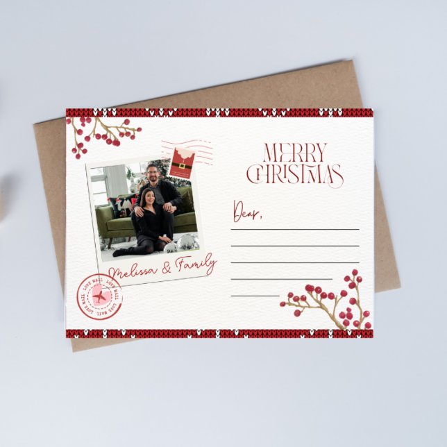 Red White Modern Photo Merry Christmas Greetings Holiday Postcard (Creator Uploaded)