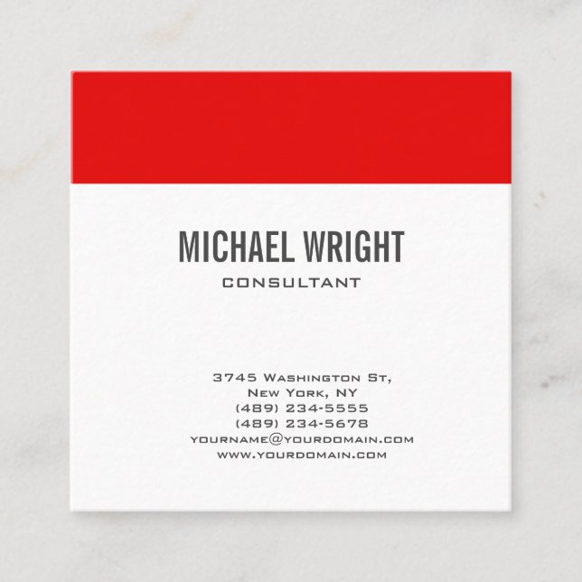Red White Modern Plain Simple Minimalist Square Business Card (Front)
