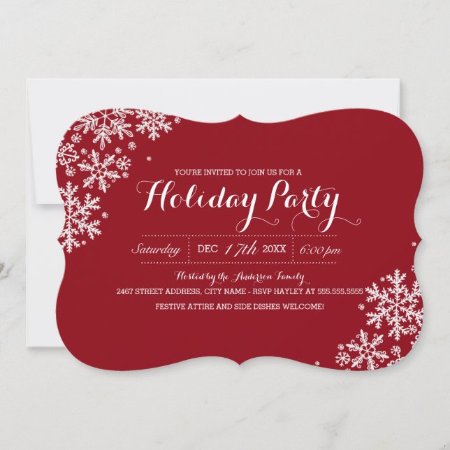 Red & White Modern Snowflake Holiday Party Invite (Front)