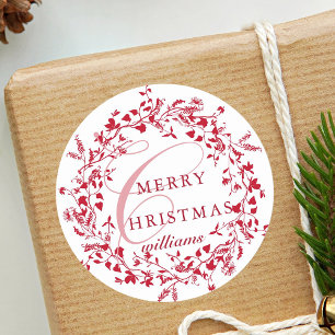 Red & White Modern Wildflower Wreath Christmas Classic Round Sticker