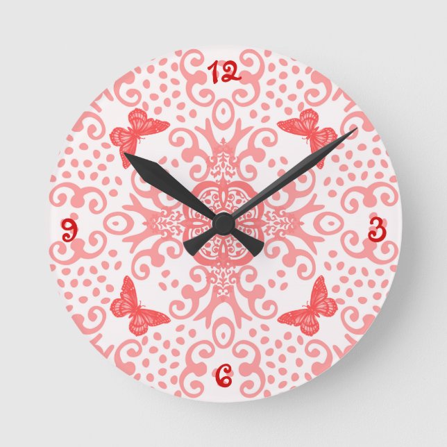 Red/White Monarch Butterfly Numbered Round Clock (Front)