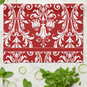 Red White Monogram Chic Damask Floral Swirls Tea Towel