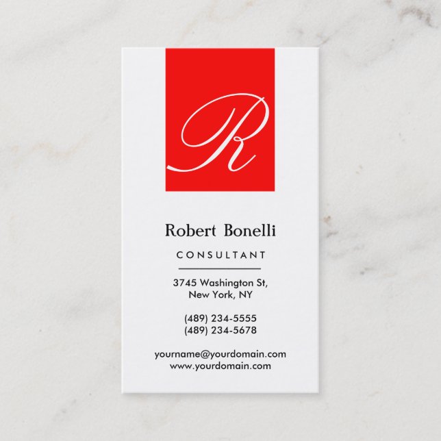 Red White Monogram Consultant Business Card (Front)