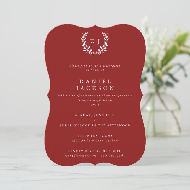 Red + White Monogram Laurel Wreath Graduation Invitation (Standing Front)