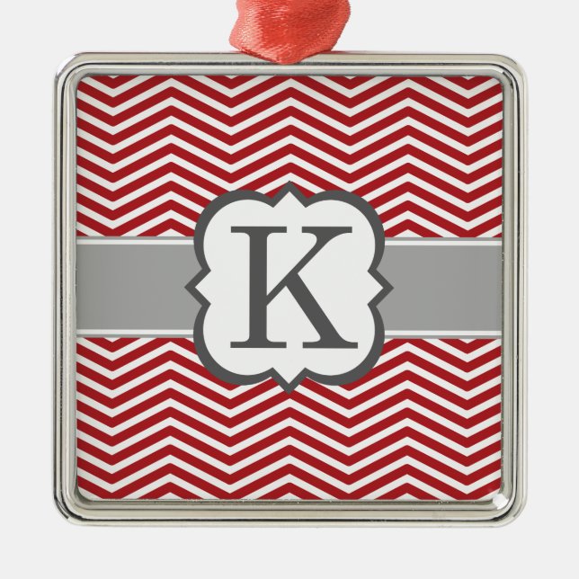 Red White Monogram Letter K Chevron Metal Tree Decoration (Front)