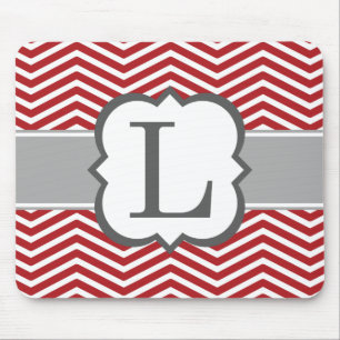 Red White Monogram Letter L Chevron Mouse Mat