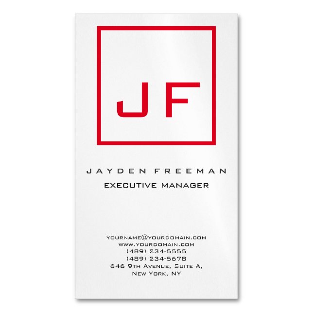 Red White Monogram Modern Minimalist Magnetic Business Card (Front Vertical)
