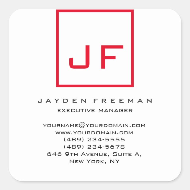 Red White Monogram Modern Minimalist Your Name Square Sticker (Front)