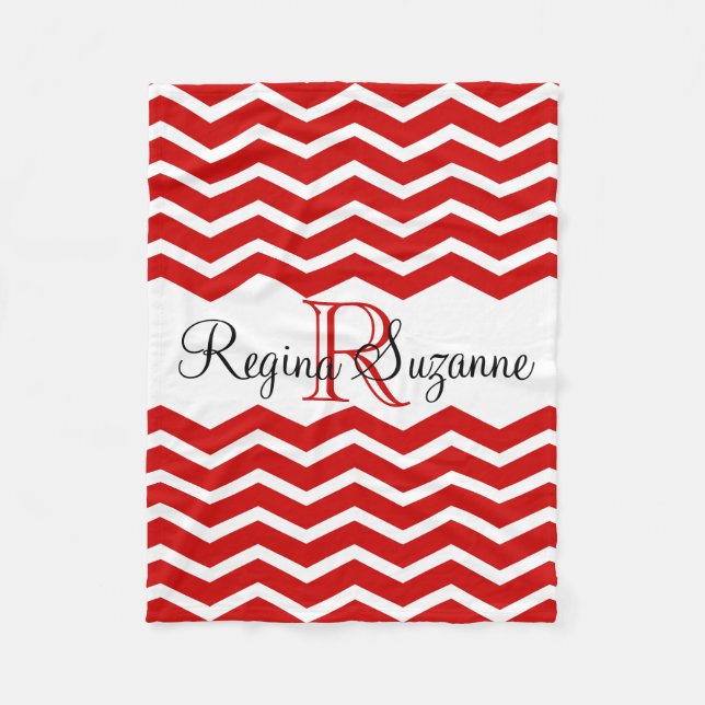 Red White Monogram Name Keepsake Chevron Fleece Blanket (Front)