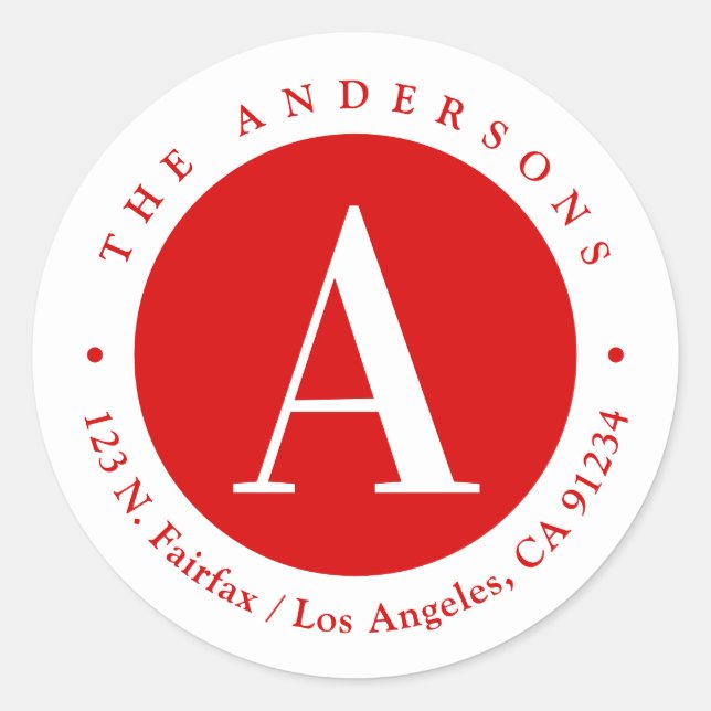 Red & White | Monogram Return Address Classic Round Sticker (Front)