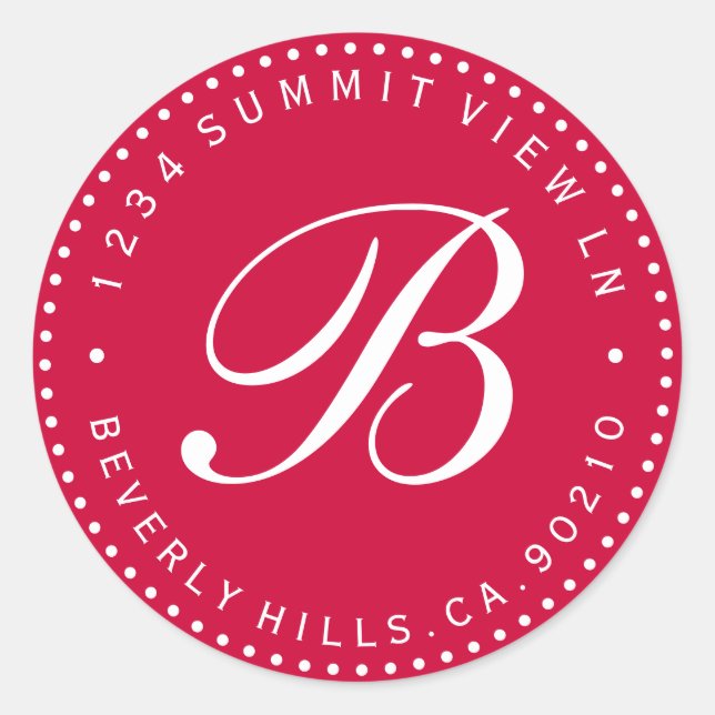 Red & White Monogram Round Return Address Label (Front)