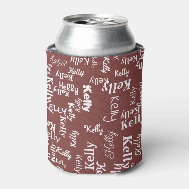 Red White Monogrammed First Name Fun Cute Can Cooler (Can Front)