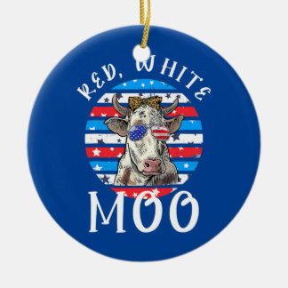 Red White Moo Cute American Cow Farmer 4th Of Ceramic Tree Decoration