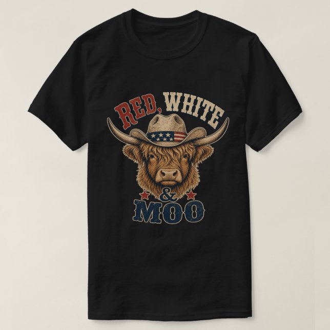 Red, White & Moo Highland Cow T-shirt (Design Front)