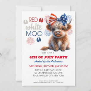 Red White Moo Patriotic highland cow 4th Of July  Invitation