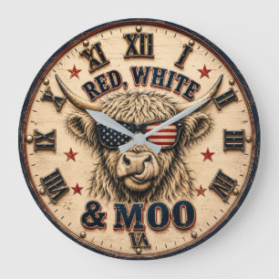 Red, White & Moo Patriotic Highland Cow Americana Large Clock