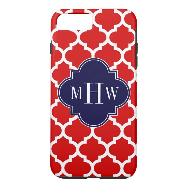 Red, White Moroccan #5 Navy 3 Initial Monogram Case-Mate iPhone Case (Back)