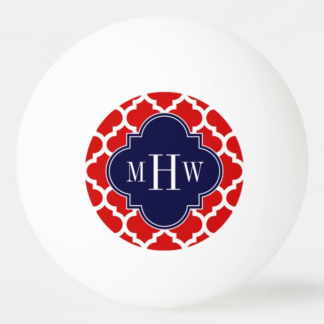Red, White Moroccan #5 Navy 3 Initial Monogram Ping Pong Ball (Front)