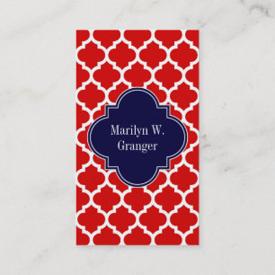Red White Moroccan #5 Navy Blue Name Monogram Business Card