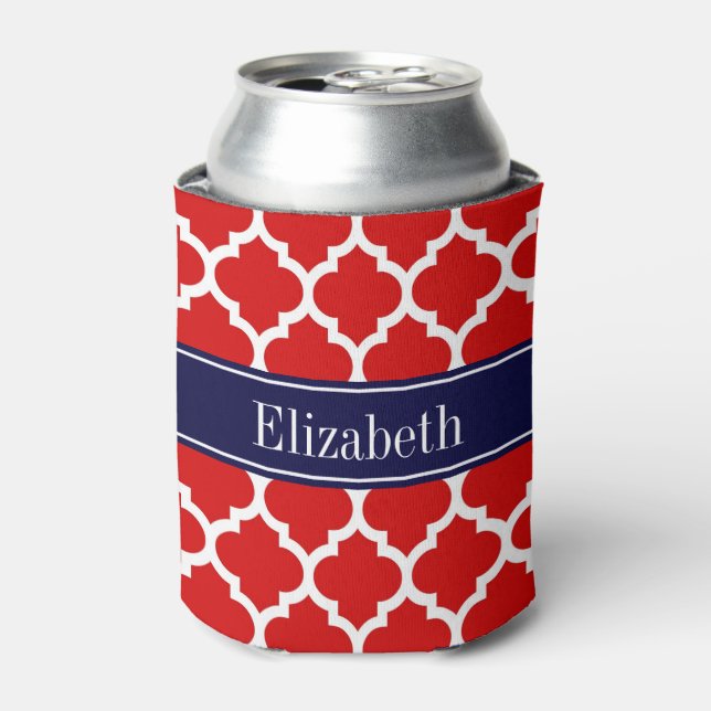 Red White Moroccan #5 Navy Blue Name Monogram Can Cooler (Can Front)