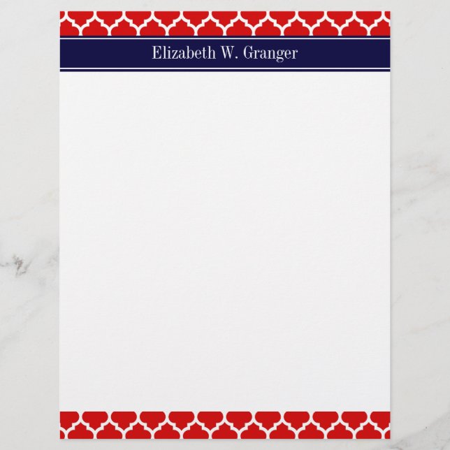 Red White Moroccan #5 Navy Blue Name Monogram Letterhead Template (Front)