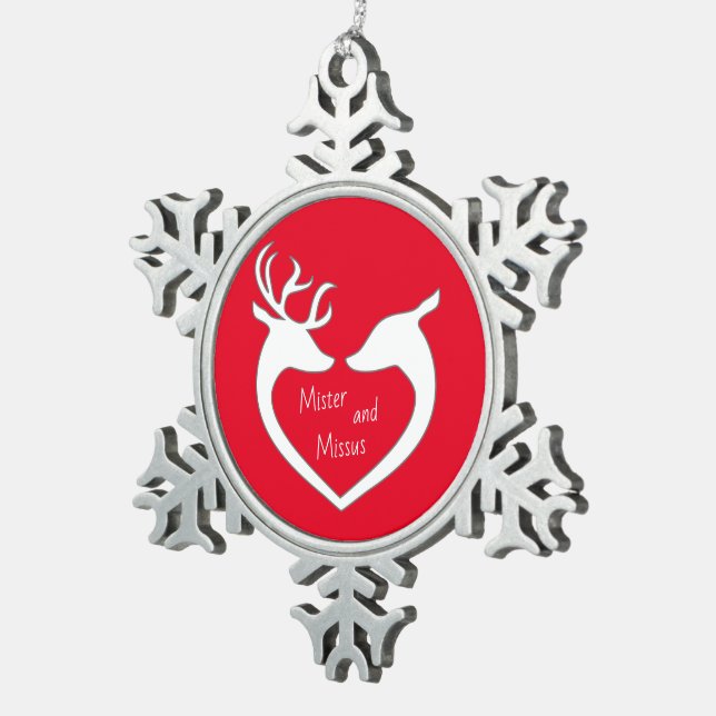 Red & White Mr & Mrs Deer Couple Snowflake Pewter Christmas Ornament (Right)