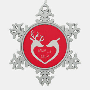 Red & White Mr & Mrs Deer Couple Snowflake Pewter  Snowflake Pewter Christmas Ornament