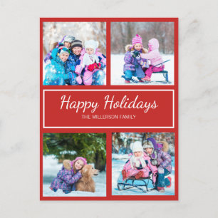 Red White Multi Photo Christmas Holiday Greeting Postcard