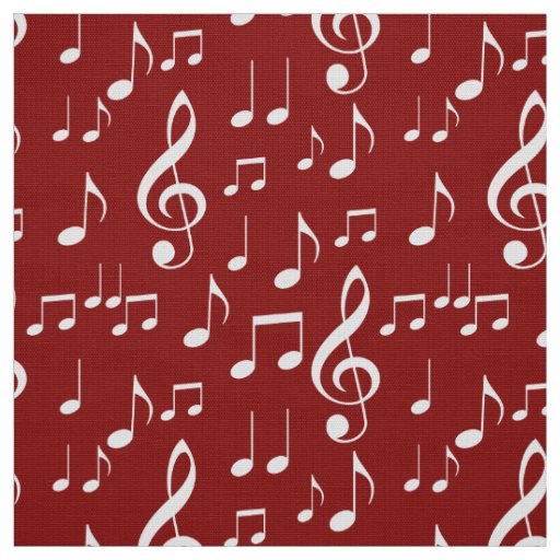 Red white music notes pattern fabric | Zazzle